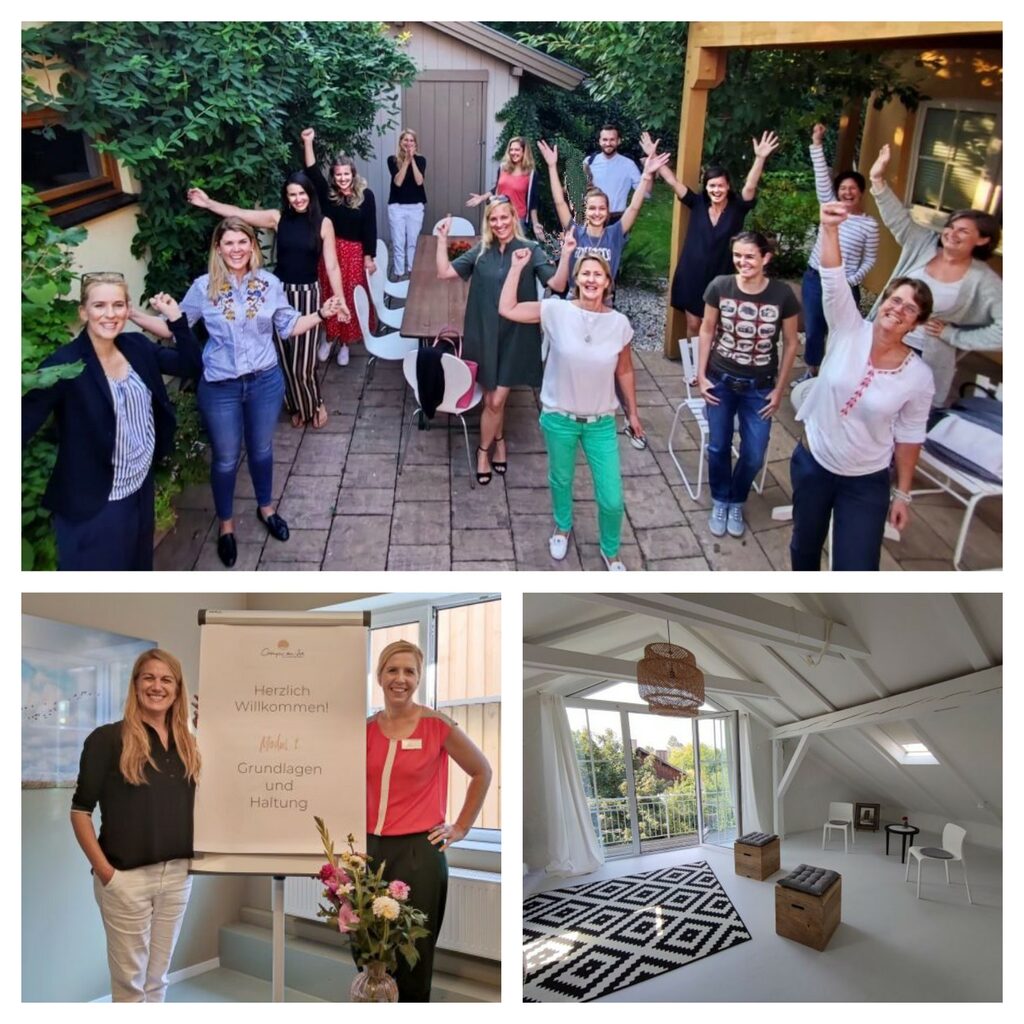 Herbstkurs 2020 neu Collage vom Herbstkurs 2020: jubelnde Ausbildungsgruppe im Garten, zwei Trainerinnen am Flipchart, leerer Seminarraum