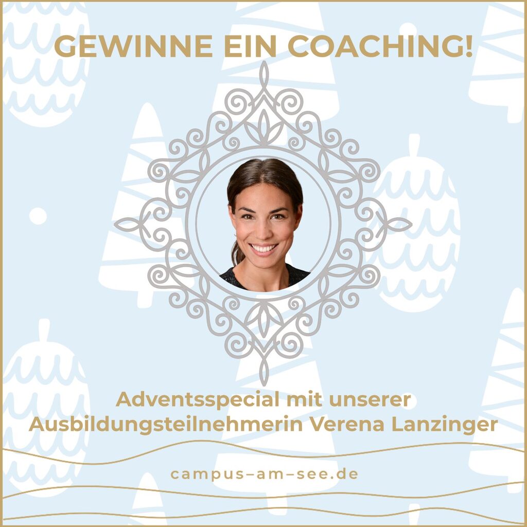 Adventsspecial-Grafik »Gewinne ein Coaching!« mit einem Porträt der Ausbildungsteilnehmerin Verena Lanzinger